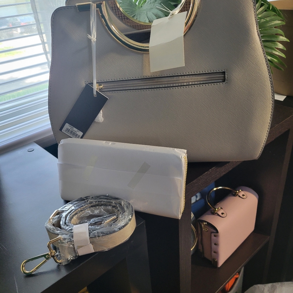 Elegant Gray Handbag with Gold Accents